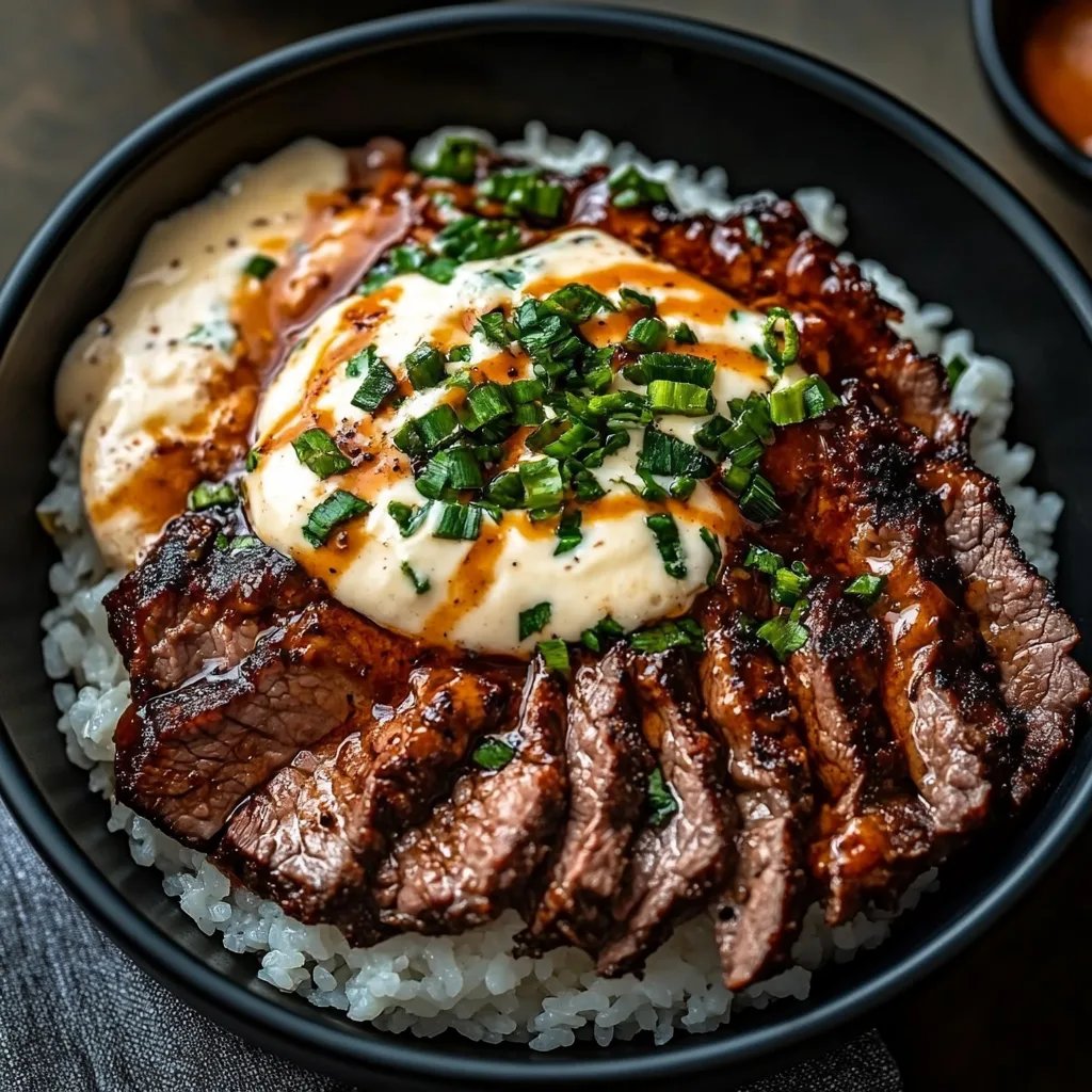 Korean BBQ Steak Rice Bowls with Spicy Cream Sauce
